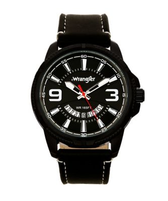 Wrangler Men's 48 mm Case Sport Watch with Faux Leather Strap, Black/White Accent Stitching