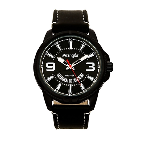 Wrangler Men's 48 mm Case Sport Watch with Faux Leather Strap, Black/White Accent Stitching