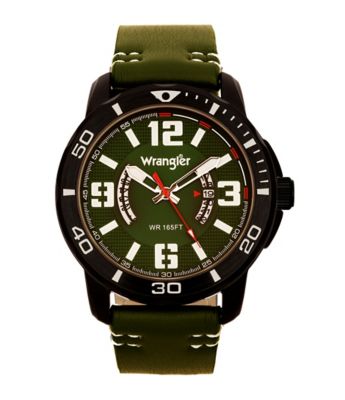 Wrangler Men's 48 mm Case Sport Watch with Faux Leather Strap, Black/Green