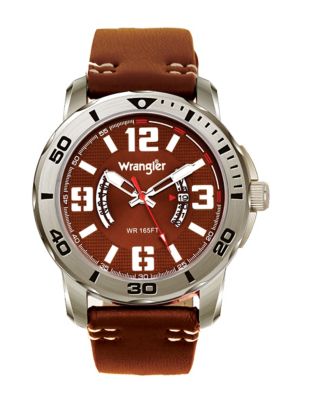 Wrangler Men's 48 mm Case Sport Watch with Faux Leather Strap, Silver/Brown
