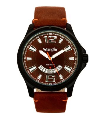 Wrangler Men's 48 mm Case Sport Watch with Faux Leather Strap, Black/Brown