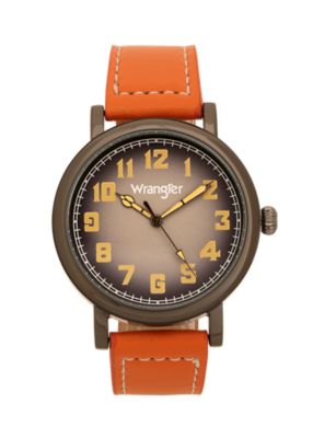 Wrangler Unisex 45 mm Case Western Sport Watch with Polyurethane Strap, Gunmetal Case/Blue Dial/Orange Strap