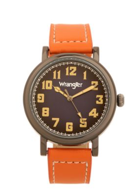 Wrangler Unisex 45 mm Case Western Sport Watch with Polyurethane Strap, Gunmetal Black Case/Blue Dial/Orange Strap