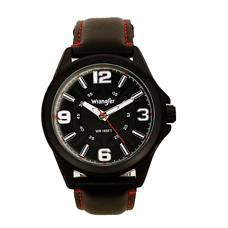 Wrangler Men's 48 mm Case Western Sport Watch with Polyurethane Strap, Black Dial, Black/Red Strap