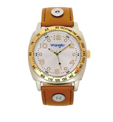 Wrangler Men's 44 mm Case 2-Tone Watch, Silver Dial/Tan Strap