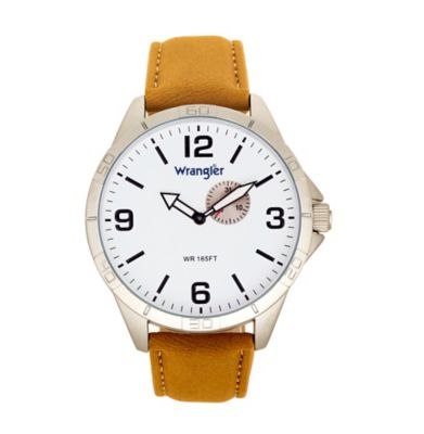 Wrangler Men's 48 mm Case Western Sport Watch, Silver Case/White Dial/Wheat Strap