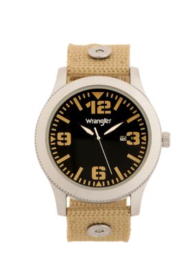 Wrangler Men's 48 mm Case Western Sport Watch with Nylon Strap, Silver Case/Black Dial/Beige Strap