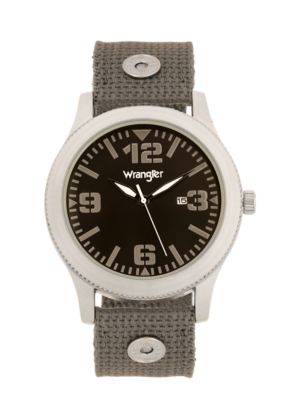 Wrangler Men's 48 mm Case Western Sport Watch with Nylon Strap, Silver Case/Black Dial/Grey Strap