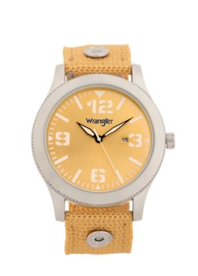Wrangler Men's 48 mm Case Western Sport Watch with Nylon Strap, Silver Case/Yellow Dial/Wheat Strap