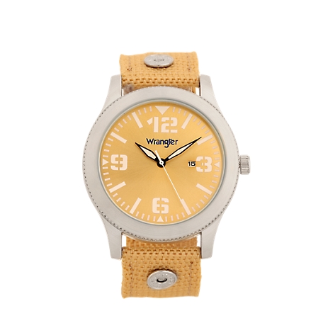 Wrangler Men's 48 mm Case Western Sport Watch with Nylon Strap, Silver Case/Yellow Dial/Wheat Strap