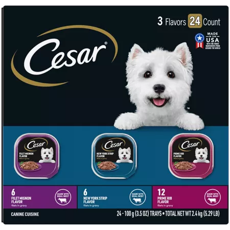 Cesar Adult Filet Mignon New York Strip and Prime Rib Filets in Sauce Wet Dog Food Variety pk 3.5 oz Pack of 24 Wet Dog Food