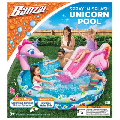 Image showing  78 in. x 60 in. x 32.5 in. Spray 'N Splash Unicorn Round Kiddie Inflatable Water Slide and Pool, 4 pc.