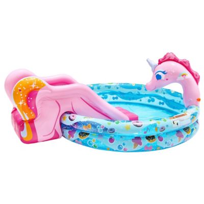 Image showing  78 in. x 60 in. x 32.5 in. Spray 'N Splash Unicorn Round Kiddie Inflatable Water Slide and Pool, 4 pc.