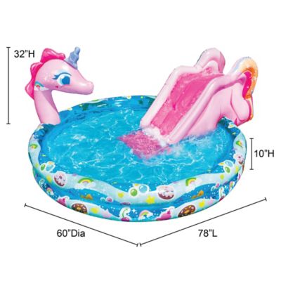 Image showing  78 in. x 60 in. x 32.5 in. Spray 'N Splash Unicorn Round Kiddie Inflatable Water Slide and Pool, 4 pc.