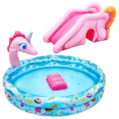 Image showing 5 th Banzai 78 in. x 60 in. x 32.5 in. Spray 'N Splash Unicorn Round Kiddie Inflatable Water Slide and Pool, 4 pc.