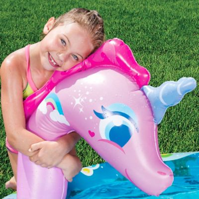Image showing 8 th Banzai 78 in. x 60 in. x 32.5 in. Spray 'N Splash Unicorn Round Kiddie Inflatable Water Slide and Pool, 4 pc.