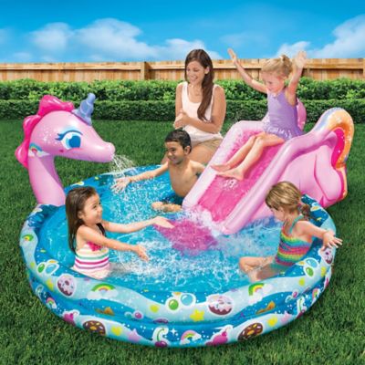 Image showing 9 th Banzai 78 in. x 60 in. x 32.5 in. Spray 'N Splash Unicorn Round Kiddie Inflatable Water Slide and Pool, 4 pc.