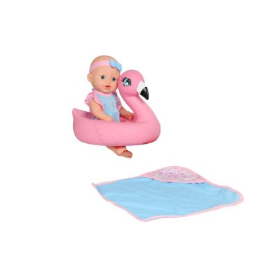 Image showing  10 in. Pretend Play Bath Time Baby Doll with Flamingo Float