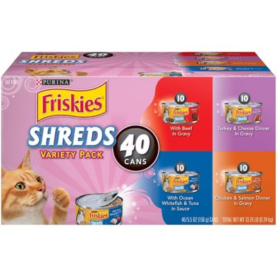 Friskies Adult Beef, Turkey, Chicken and Fish Shreds Wet Cat Food Variety Pack, 5.5 oz. Can, Pack of 40