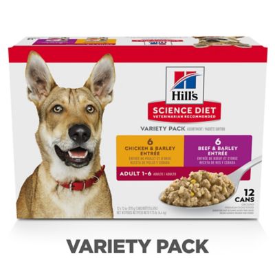 Hill's Science Diet Adult Wet Dog Food Variety pk., Chicken & Barley and Beef & Barley, 13 oz. Can, Pack of 12