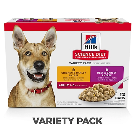 Hill's Science Diet Adult Wet Dog Food Variety pk., Chicken & Barley and Beef & Barley, 13 oz. Can, Pack of 12