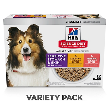 Hill's Science Diet Adult Sensitive Stomach and Skin Chicken and Salmon Wet Dog Food Variety Pack, 12.8 oz. Can, Pack of 12