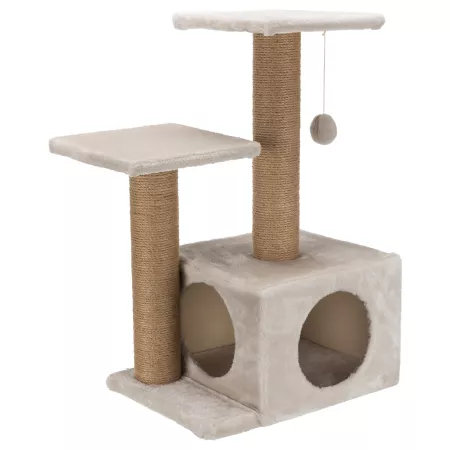 TRIXIE 28 in Valencia Scratching Post with Condo 2 Platforms and Dangling Tassel Gray Cat Trees & Condos