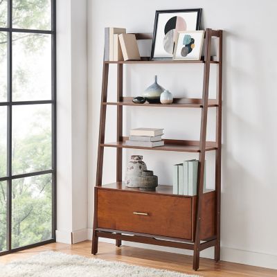 Crosley 3-Shelf Landon Large Etagere Bookcase with Storage Drawer, Mahogany