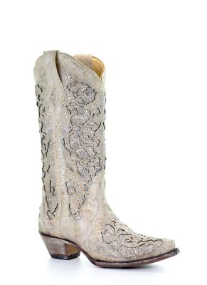 Image showing  Women's White Glitter Inlay and Crystals Boots, 14 in. Shaft