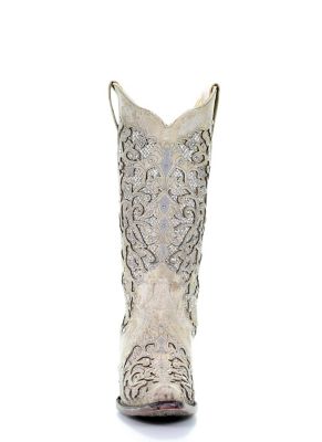 Image showing  Women's White Glitter Inlay and Crystals Boots, 14 in. Shaft