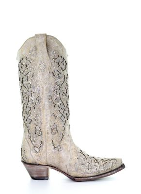 Image showing  Women's White Glitter Inlay and Crystals Boots, 14 in. Shaft
