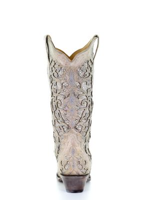 Image showing  Women's White Glitter Inlay and Crystals Boots, 14 in. Shaft
