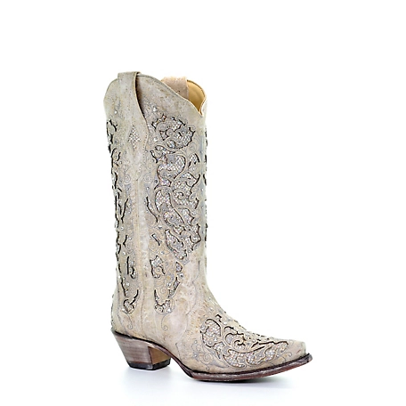 Corral Women's White Glitter Inlay and Crystals Boots, 14 in. Shaft