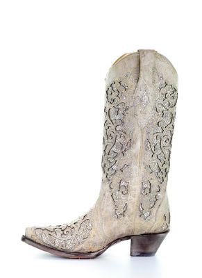 Image showing  Women's White Glitter Inlay and Crystals Boots, 14 in. Shaft