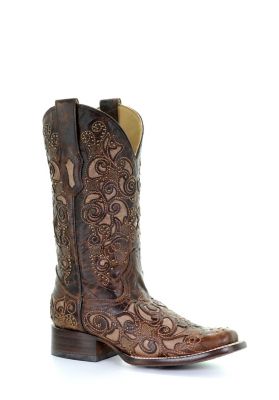 Corral Women's Inlay Studs and Embroidery Square Toe Boots, 13 in. H Shaft, 1-1/2 in. H Heel