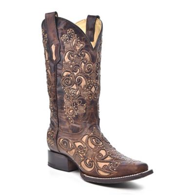 Corral Women's Inlay Studs and Embroidery Square Toe Boots, 13 in. H Shaft, 1-1/2 in. H Heel