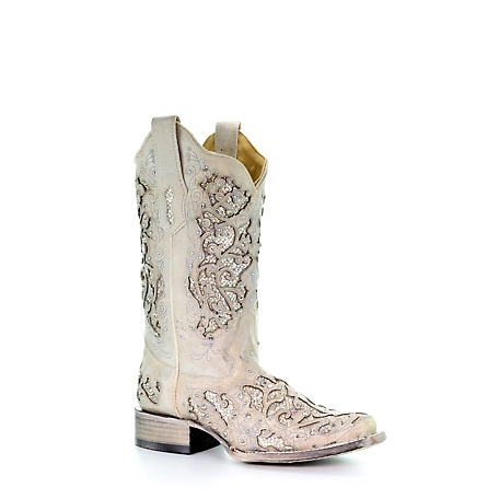 Corral Women's White Glitter Inlay and Crystals Square Toe Boots, 11-1/2 in. H Shaft, 1-1/2 in. H Heel