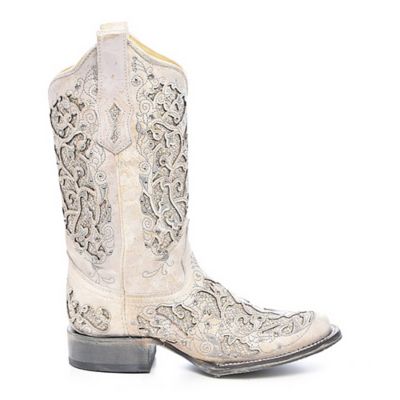 Image showing  Women's White Glitter Inlay and Crystals Square Toe Boots, 11-1/2 in. Shaft, 1-1/2 in. Heels