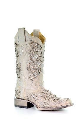 Corral Women's White Glitter Inlay and Crystals Square Toe Boots, 11-1/2 in. Shaft, 1-1/2 in. Heels