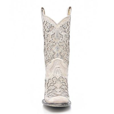 Image showing 2 th Corral Women's White Glitter Inlay and Crystals Square Toe Boots, 11-1/2 in. Shaft, 1-1/2 in. Heels