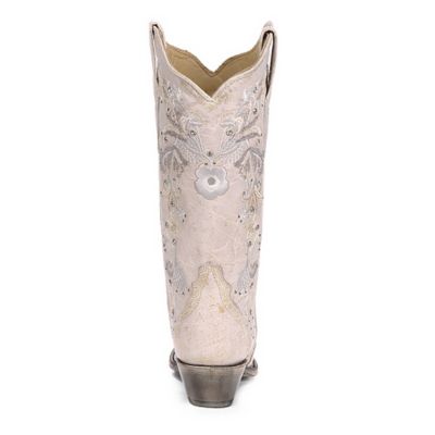 Image showing 3 th Corral Women's White Floral Embroidery and Crystals Boots, 13 in. Shaft, 2-1/4 in. Cowboy Heels