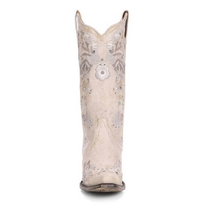 Image showing  Women's White Floral Embroidery and Crystals Boots, 13 in. Shaft, 2-1/4 in. Cowboy Heels