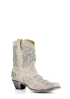 Corral Women's White Glitter Inlay and Crystals Ankle Boots, 8 in. H Shaft, 2 in. H Heel