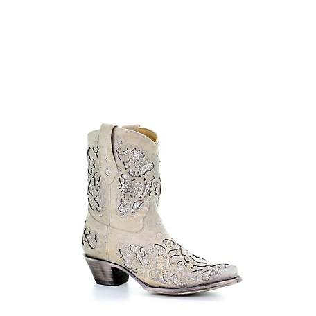 Corral Women's White Glitter Inlay and Crystals Ankle Boots, 8 in. H Shaft, 2 in. H Heel