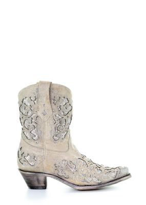 Image showing  Women's White Glitter Inlay and Crystals Ankle Boots, 8 in. Shaft, 2 in. Heels