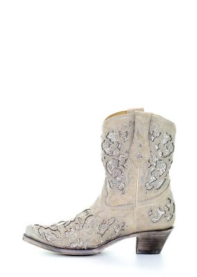 Image showing  Women's White Glitter Inlay and Crystals Ankle Boots, 8 in. Shaft, 2 in. Heels