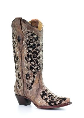 Image showing  Women's Brown Inlay Flowered Embroidery Studs and Crystals Western Boots, 13 in. Shaft, 2-1/4 in. Cowboy Heels