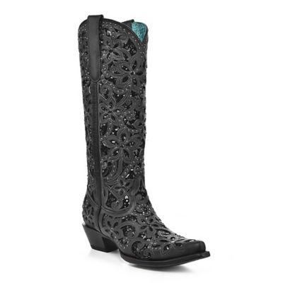 Image showing 0 th Corral Women's Brown Inlay Flowered Embroidery Studs and Crystals Western Boots, 13 in. Shaft, 2-1/4 in. Cowboy Heels
