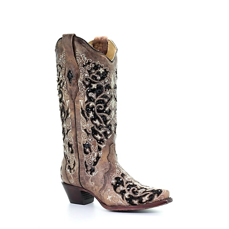 Corral Women's Brown Inlay Flowered Embroidery Studs and Crystals Western Boots, 13 in. H Shaft, 2-1/4 in. Cowboy Heel