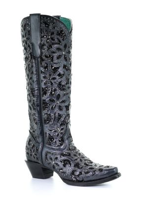 Corral Women's Full Black Inlay and Studs Tall Top Boots, 15 in. Shaft, 2 in. Cowboy Heels